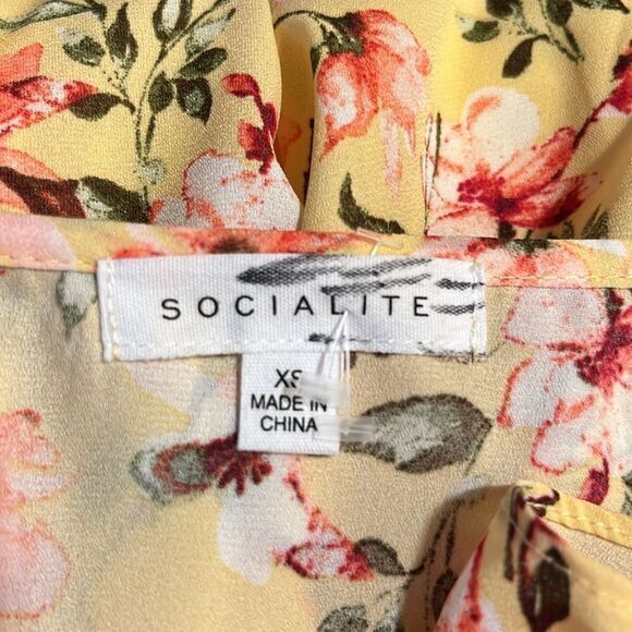 SOCIALITE DRESS XS YELLOW PINK RUFFLE PRINT WRAP MIDI ROMANCE FAIRYCORE SEXY - Picture 8 of 15